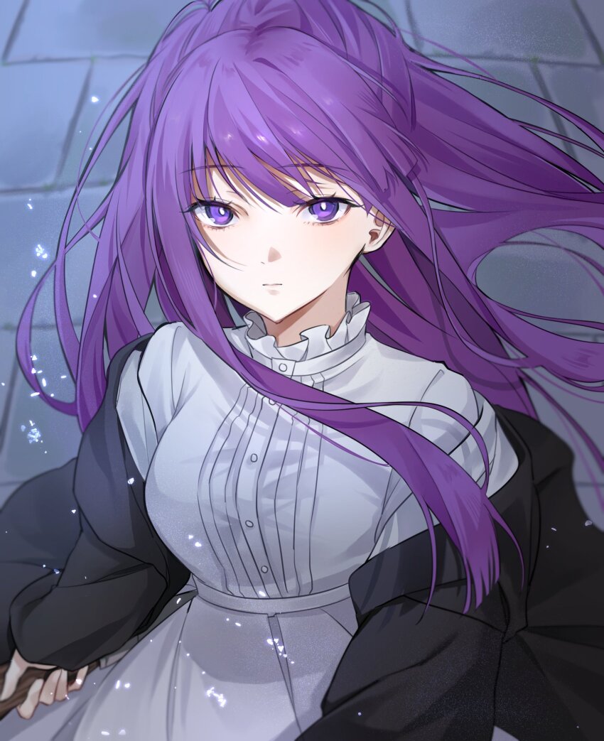 1girl, black_coat, brick_road, coat, dress, fern_(sousou_no_frieren), floating_hair, gumi_070, highres, holding, holding_wand, long_hair, looking_at_viewer, open_clothes, open_coat, outdoors, purple_eyes, purple_hair, sousou_no_frieren, sparks, upper_body, wand, white_dress