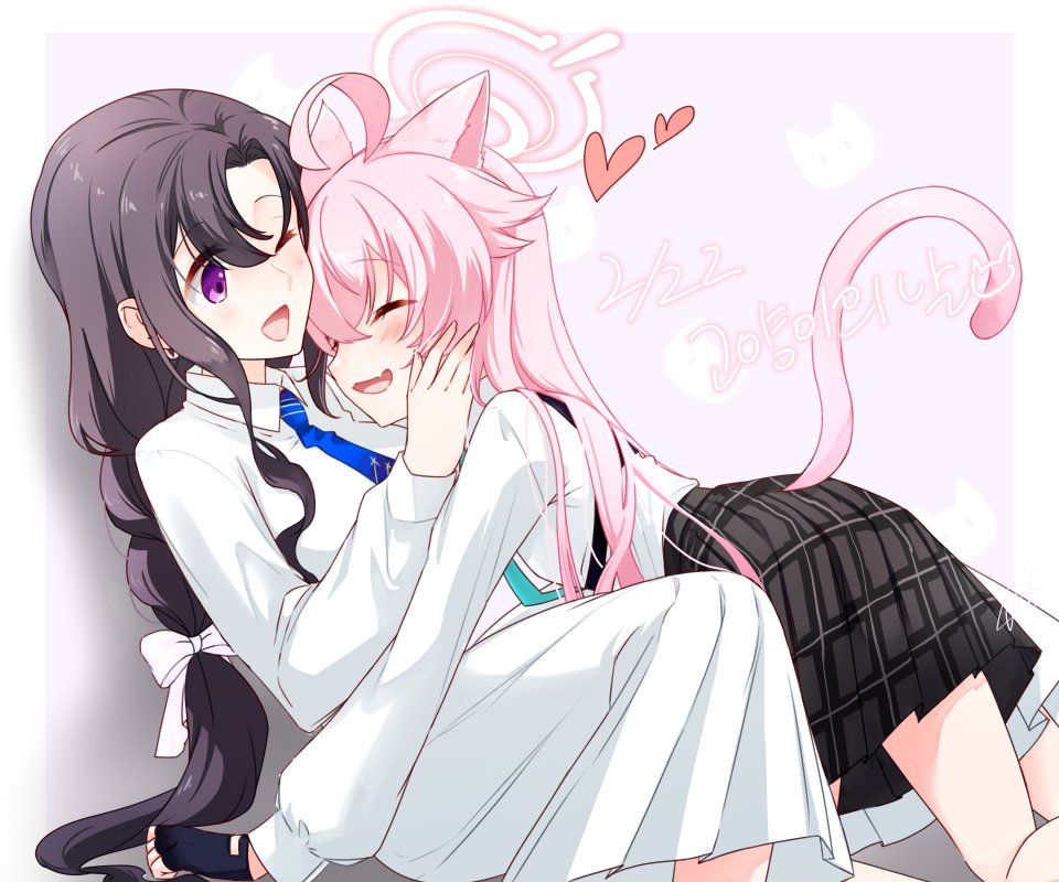 2girls, ahoge, all_fours, animal_ears, black_gloves, black_hair, black_skirt, blue_archive