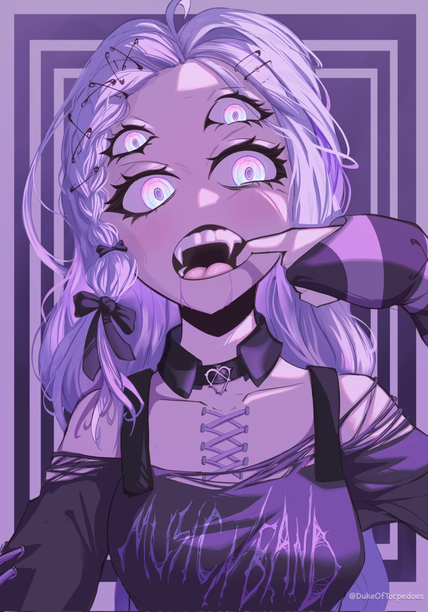 1girl, :d, amiya_aranha, arthropod_girl, artist_name, black_bow, black_choker, black_shirt, bow, braid, choker, collarbone, colored_skin, commentary, dukeoftorpedoes, english_commentary, extra_eyes, fangs, finger_in_own_mouth, hair_ornament, hairclip, highres, indie_virtual_youtuber, insect_girl, long_hair, looking_at_viewer, monster_girl, open_mouth, purple_eyes, purple_hair, purple_skin, purple_theme, safety_pin, saliva, shirt, smile, solo, spider_girl, stitches, striped_sleeves, tongue, upper_body, virtual_youtuber
