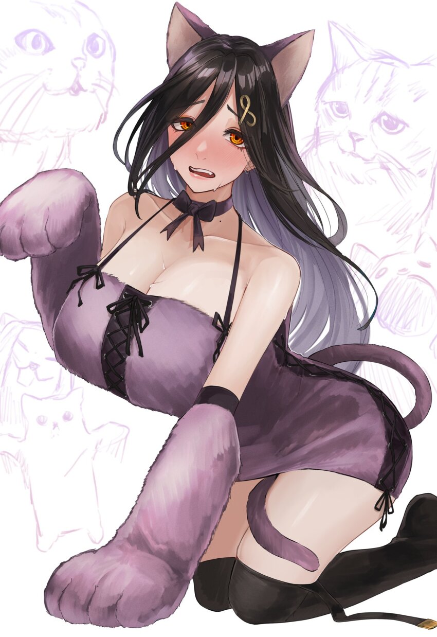 1girl, animal_ears, animal_hands, babydoll, black_hair, breasts, camisole, cat_day