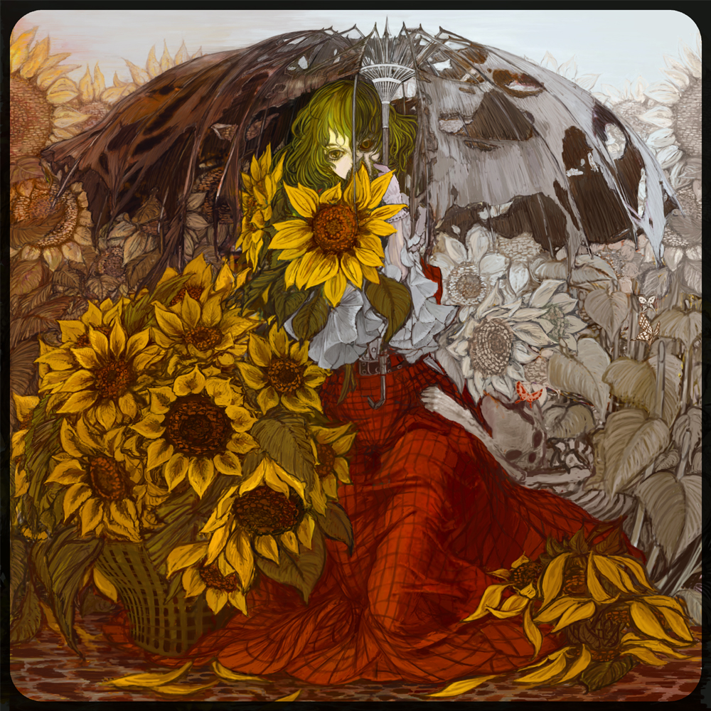 1girl, bataunco, belt, black_sclera, blouse, border, bug, butterfly