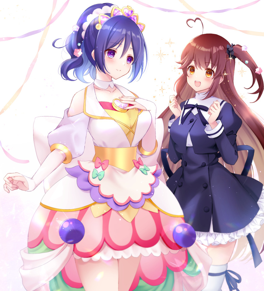 2girls, :d, absurdres, ahoge, assault_lily, bare_shoulders, black_ribbon, black_scrunchie