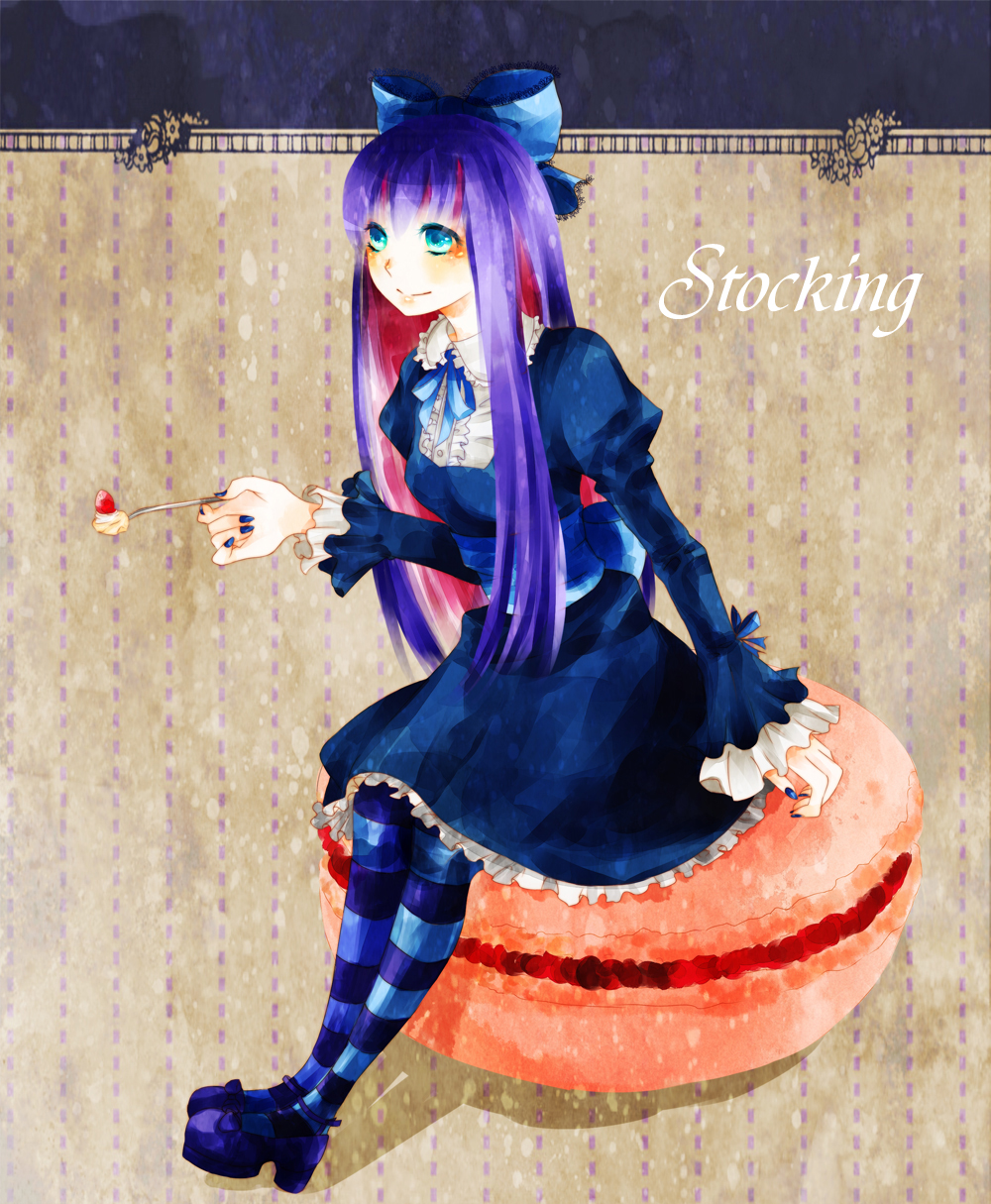 10s, 1girl, accurate_lolita_coord, aqua_eyes, bad_id, bad_pixiv_id, blue_nails, bow, cake, colored_inner_hair, female_focus, food, gothic_lolita, hair_bow, hair_ribbon, highres, lolita_fashion, long_hair, long_sleeves, macaron, macaroon, multicolored_hair, nail_polish, panty_&amp;_stocking_with_garterbelt, pastry, purple_hair, ribbon, shirayuki_kuma, shoes, smile, solo, spoon, standing, stocking_(psg), striped_clothes, striped_thighhighs, sweets, thighhighs, two-tone_hair