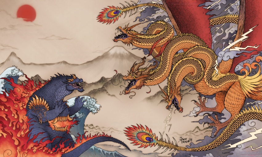 absurdres, alien, breath_weapon, breathing_lightning, commentary, demon, dinosaur, dragon