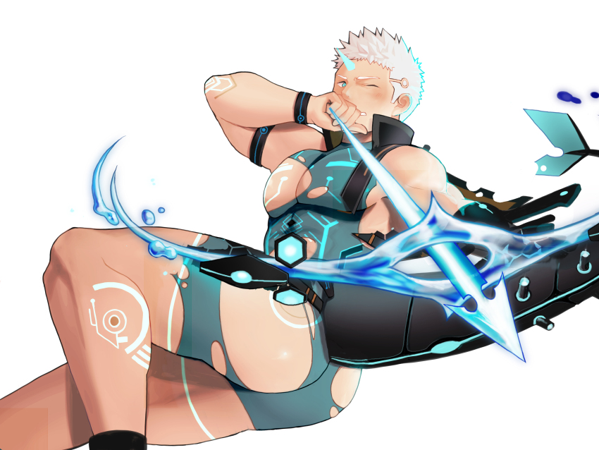 1boy, absurdres, aqua_eyes, arrow_(projectile), ass, bara, blue_bodysuit, bodysuit