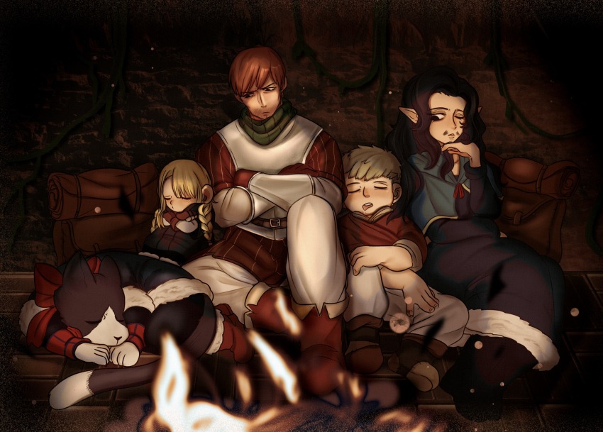 1girl, 3boys, alternate_species, ankle_boots, arm_guards, armor, belt, black_footwear