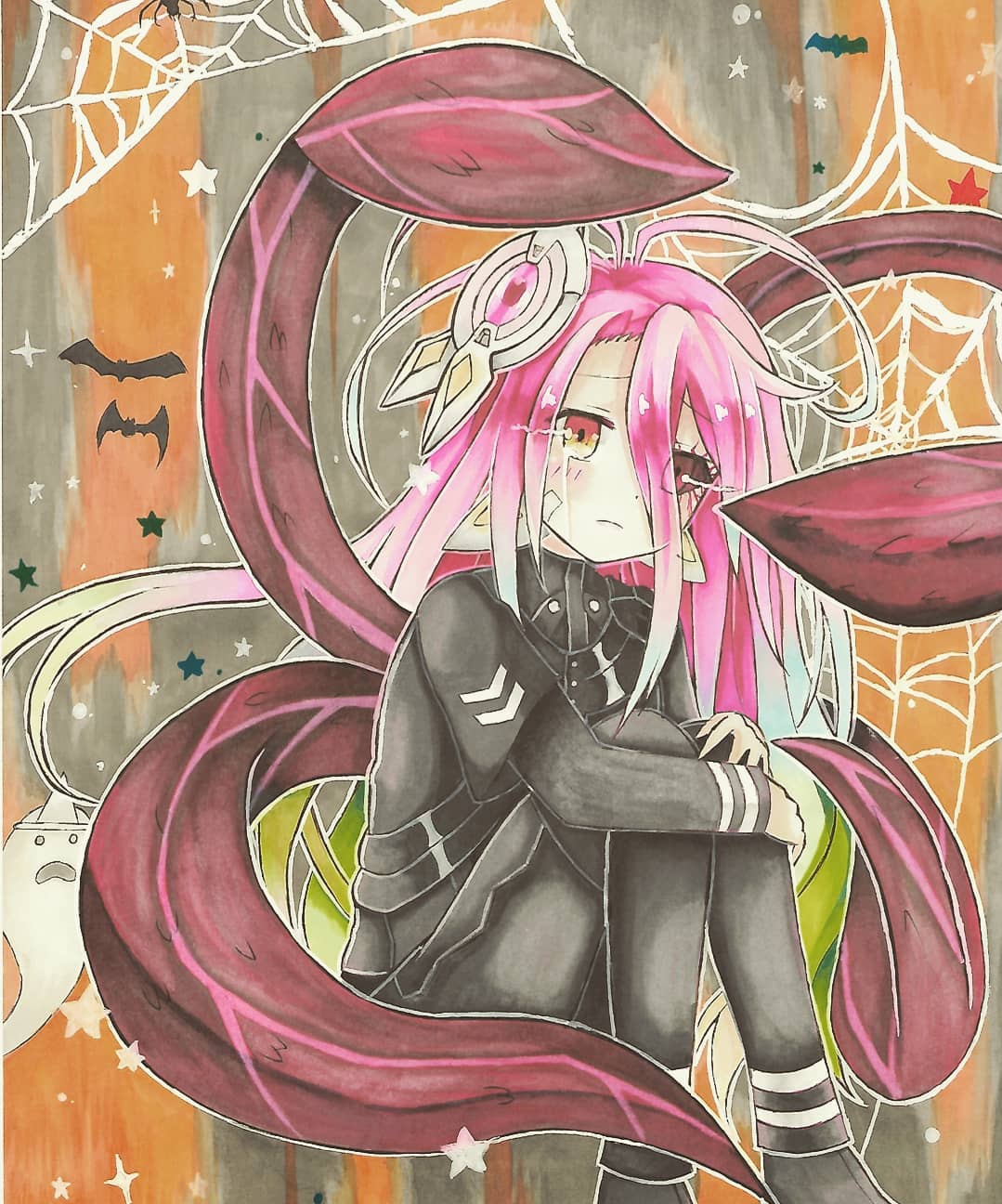 1girl, ahoge, black_jacket, black_shirt, copic, cosplay, ghost, halloween