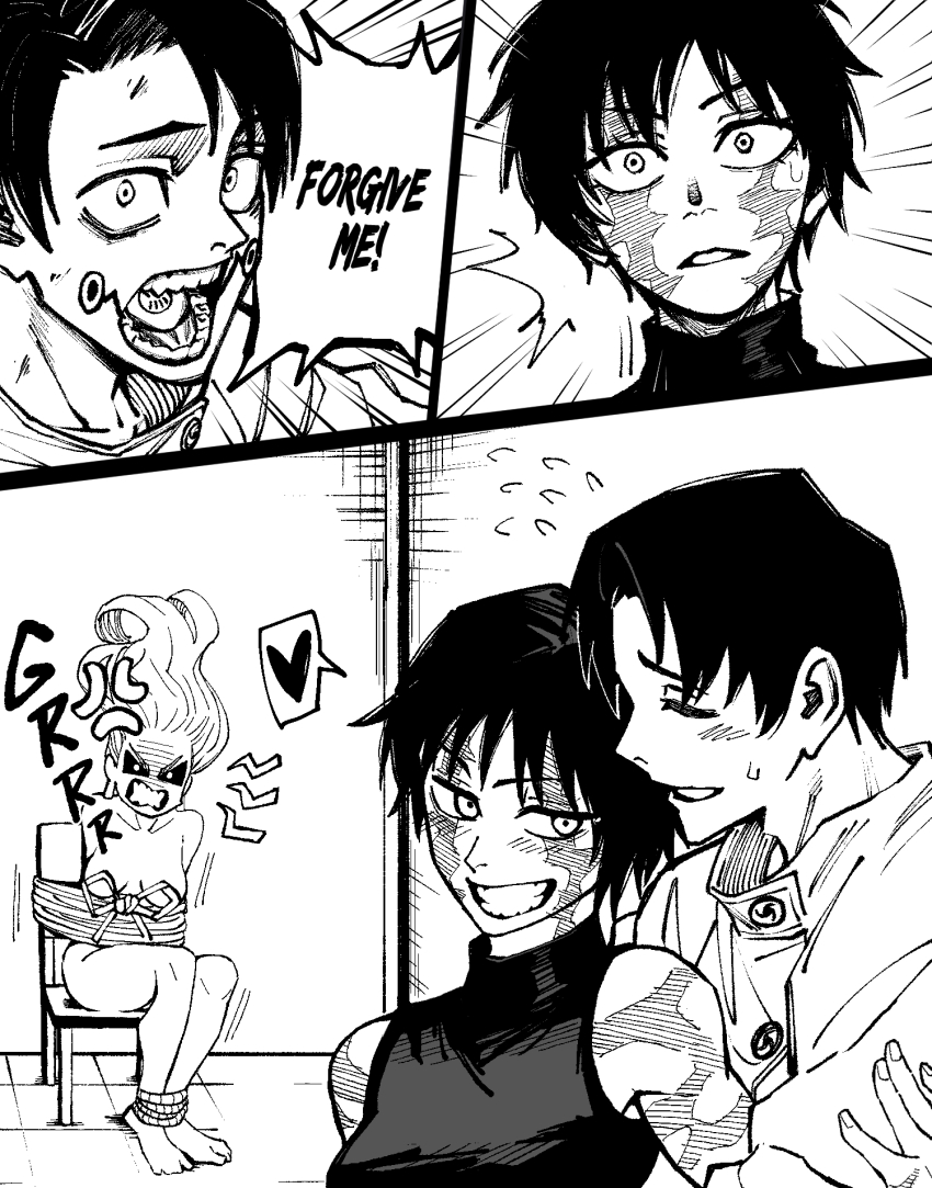 1boy, 2girls, angry, black_hair, burn_scar, chair, couple, dingotoad, facial_tattoo, happy, hetero, highres, hug, jujutsu_kaisen, monochrome, multiple_girls, okkotsu_yuta, room, scar, short_hair, surprised, tattoo, tied_up_(nonsexual), tomboy, uro_takako, zen'in_maki