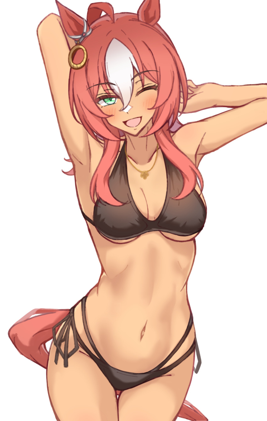 1girl, absurdres, ahoge, alternate_costume, animal_ears, armpits, arms_up, bikini