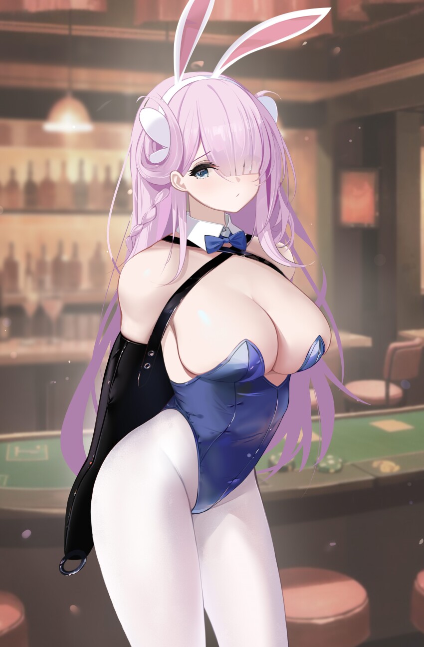 1girl, absurdres, animal_ear_hairband, animal_ears, armbinder, arms_behind_back, awaji, azur_lane