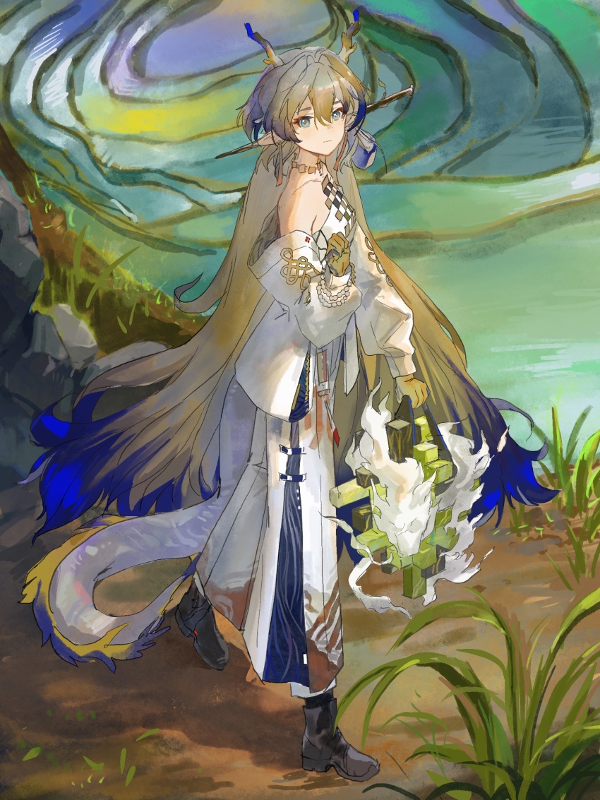 1girl, ankle_boots, arknights, bare_shoulders, beads, black_boots, boots, brown_hair