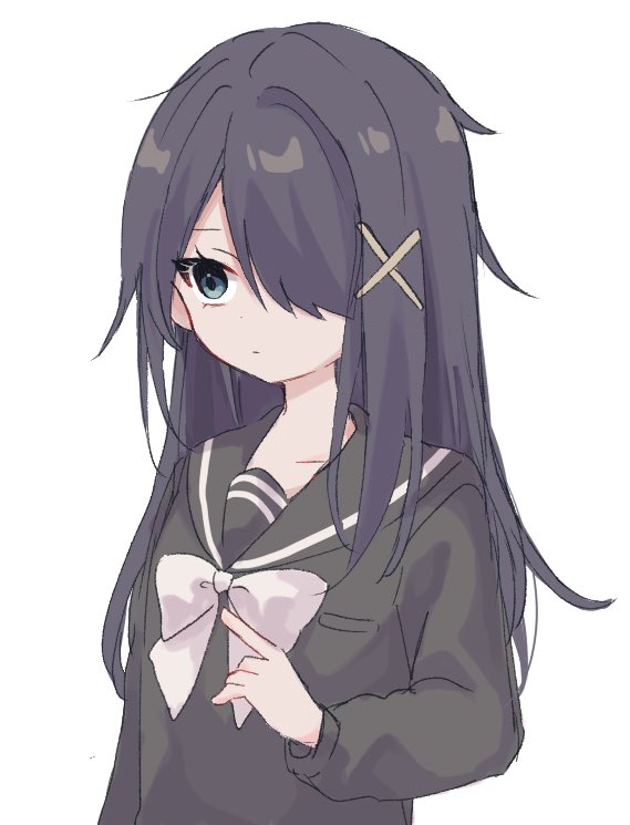 1girl, ame-chan_(needy_girl_overdose), ame-chan_(school_uniform)_(needy_girl_overdose), black_hair, black_sailor_collar, black_shirt, blue_eyes, bow