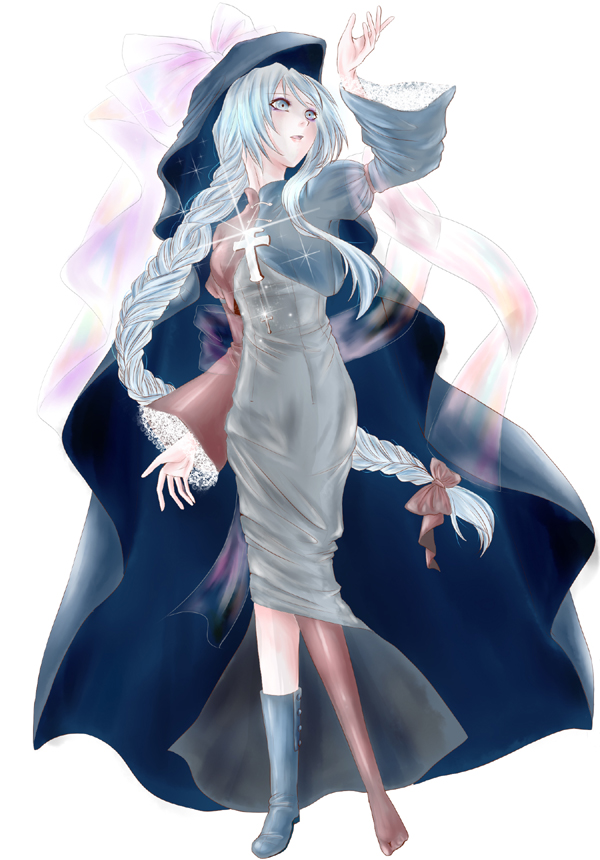 1girl, alternate_costume, blue_eyes, braid, cross, female_focus, hat, long_hair