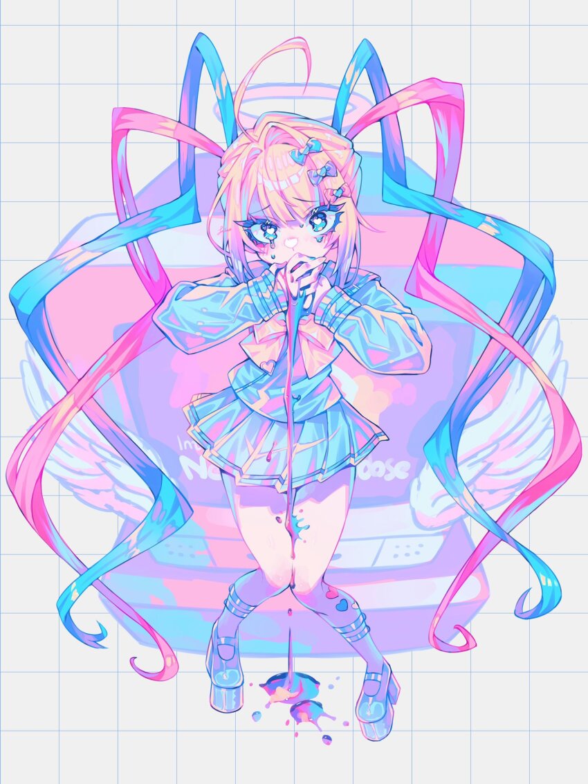 1girl, blonde_hair, blue_bow, blue_eyes, blue_hair, blue_serafuku, blue_shirt, blue_skirt