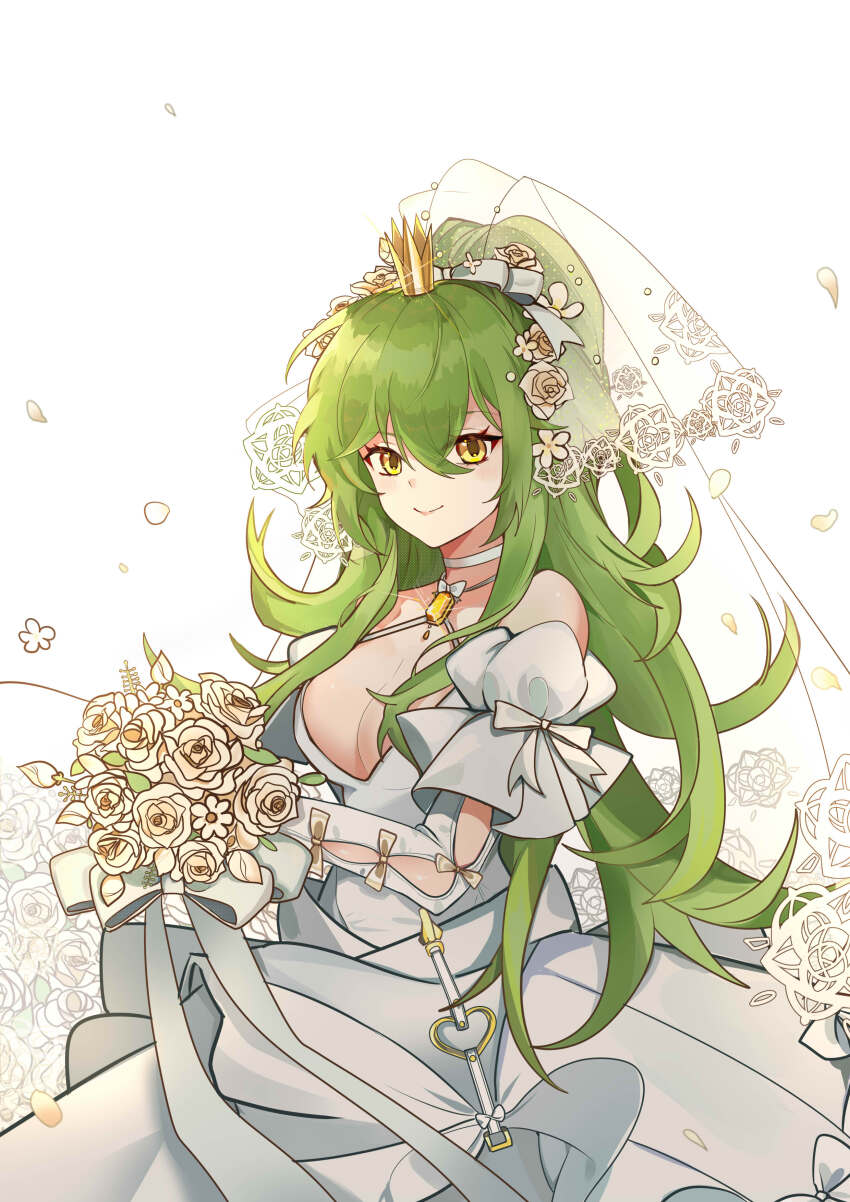 1girl, absurdres, bouquet, breasts, bridal_veil, cleavage, commentary_request, crown