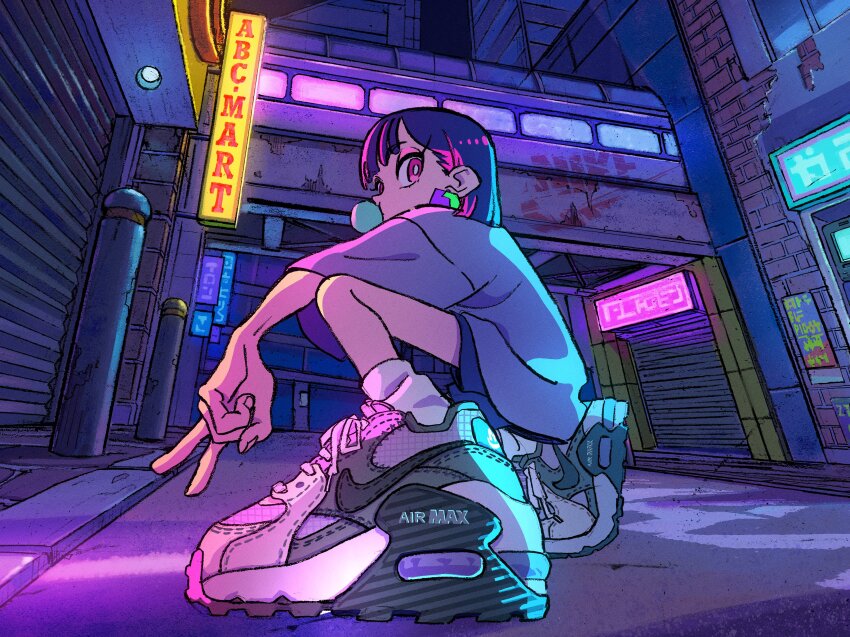 1girl, absurdres, air_max, black_hair, chewing_gum, city, commentary, drip_(meme)