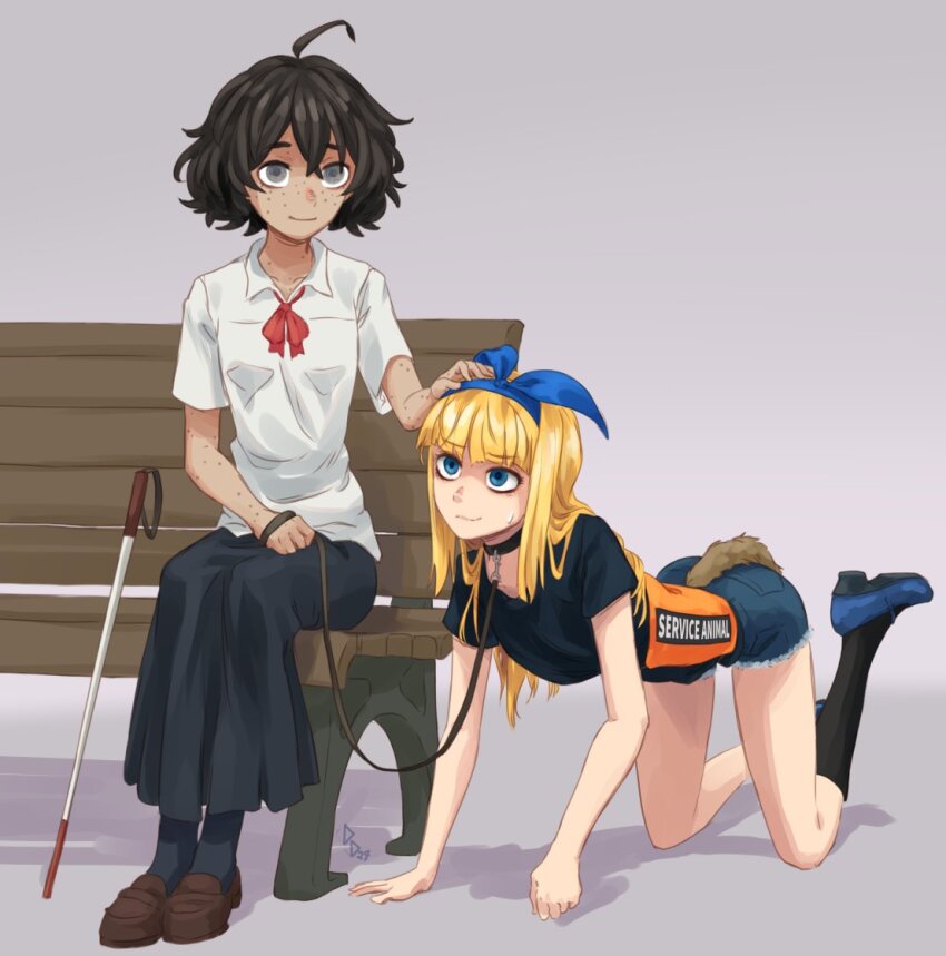 2girls, all_fours, alternate_costume, bench, black_skirt, blind, blonde_hair, blue_eyes