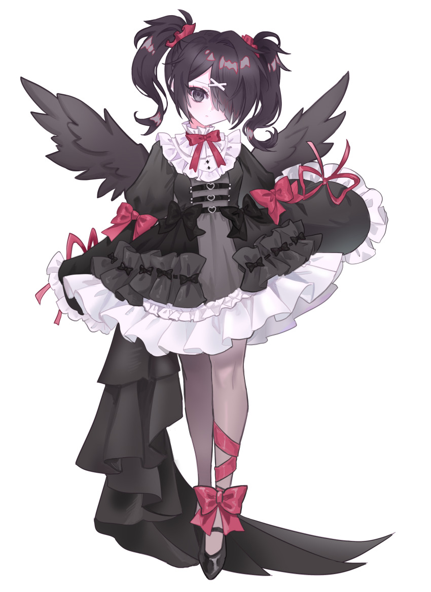 1girl, absurdres, ame-chan_(needy_girl_overdose), black_dress, black_eyes, black_hair, black_wings, bow