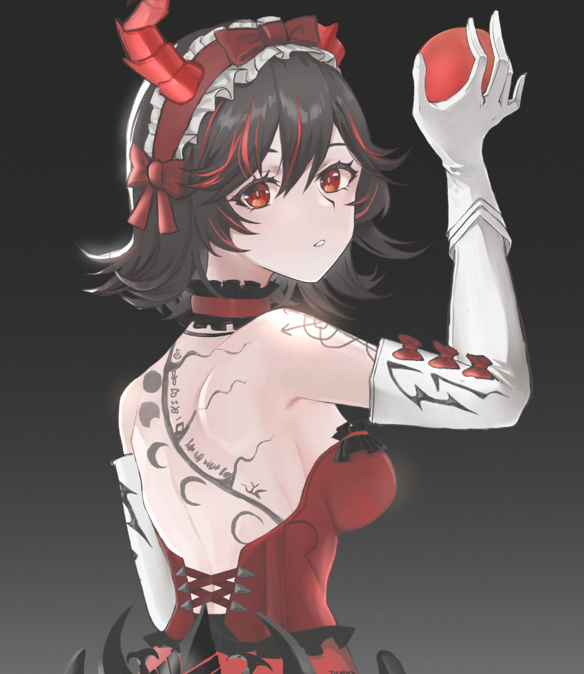 1girl, absurdres, apple, back_tattoo, black_background, black_hair, choker, demon_horns