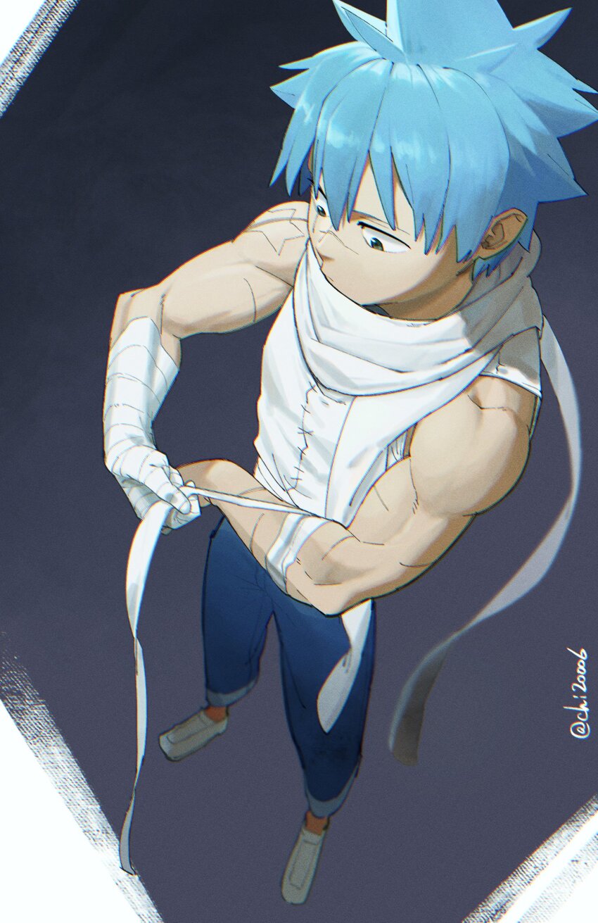 1boy, arm_wrap, black_star, blue_hair, blue_pants, closed_mouth, commentary, from_above