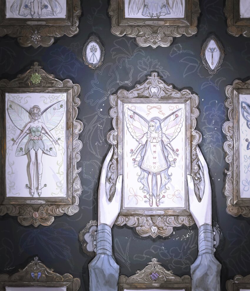 2girls, bare_arms, bare_shoulders, blonde_hair, blue_hair, butterfly_wings, colored_skin, commentary