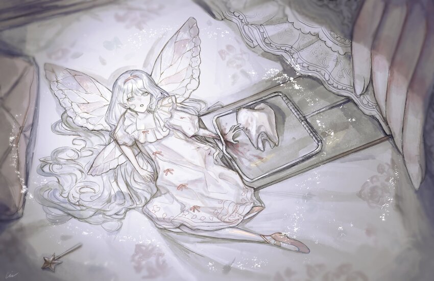 1girl, ballet_slippers, bleeding, blood, butterfly_wings, colored_skin, commentary, dress