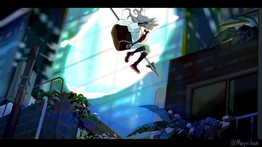 1girl, ^_^, ahoge, bag, black_choker, black_gloves, black_shoes, black_socks