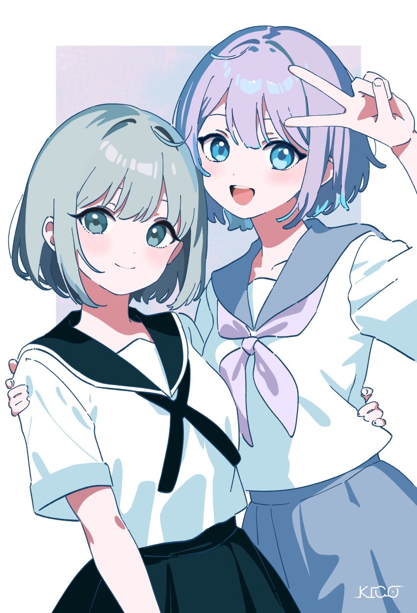 2girls, absurdres, alternate_costume, ama_mo_yo_(tuyu), aqua_eyes, arm_around_another's_waist, arm_up, black_ribbon, blue_background, blue_eyes, blue_hair, blunt_bangs, blunt_ends, blush, bob_cut, breasts, center-flap_bangs, closed_mouth, collarbone, commentary, cowboy_shot, creator_connection, crossover, dot_nose, eyelashes, eyeliner, grey_eyes, grey_hair, grey_skirt, hair_between_eyes, hand_on_another's_shoulder, hand_on_another's_waist, hand_up, happy, hashtag-only_commentary, highres, kico_(illmaticblue), light_blue_hair, light_smile, looking_at_viewer, makeup, multiple_girls, neck_ribbon, neckerchief, open_mouth, purple_background, purple_hair, purple_neckerchief, rainfall_(tuyu), ribbon, sailor_collar, school_uniform, serafuku, shirt, short_hair, short_sleeves, sidelocks, simple_background, skirt, small_breasts, smile, songover, teeth, tuyu_(band), upper_teeth_only, v, white_background, white_shirt