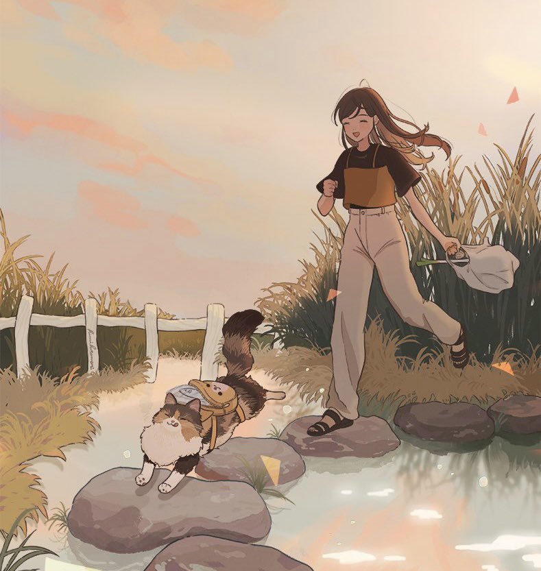 1girl, ahoge, backpack, bag, black_sandals, black_shirt, brown_camisole, brown_hair