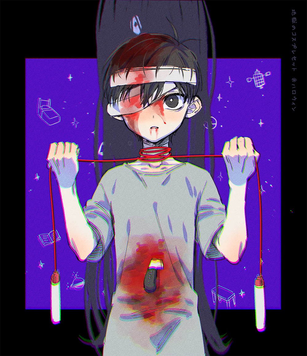 1boy, antenna_hair, bandage_over_one_eye, bandaged_head, bandages, black_border, black_eyes, black_hair