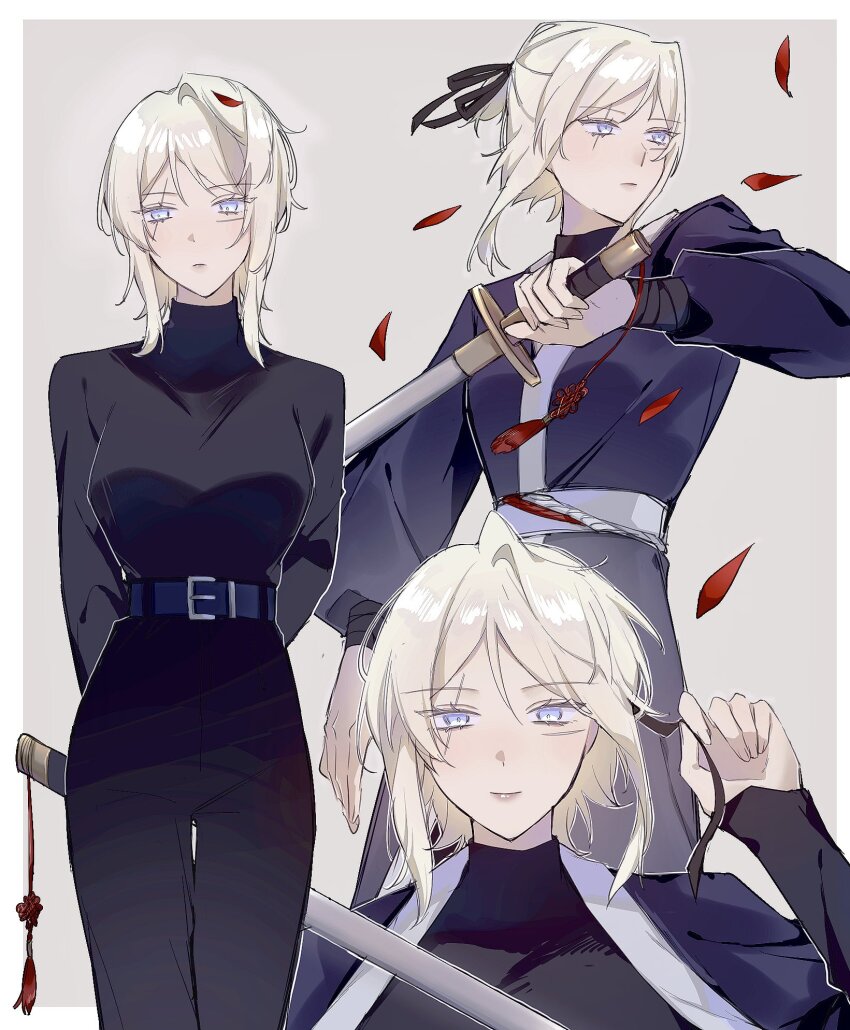 1girl, aojiru_oisiiiii, belt, black_belt, black_coat, black_pants, black_ribbon, black_sweater