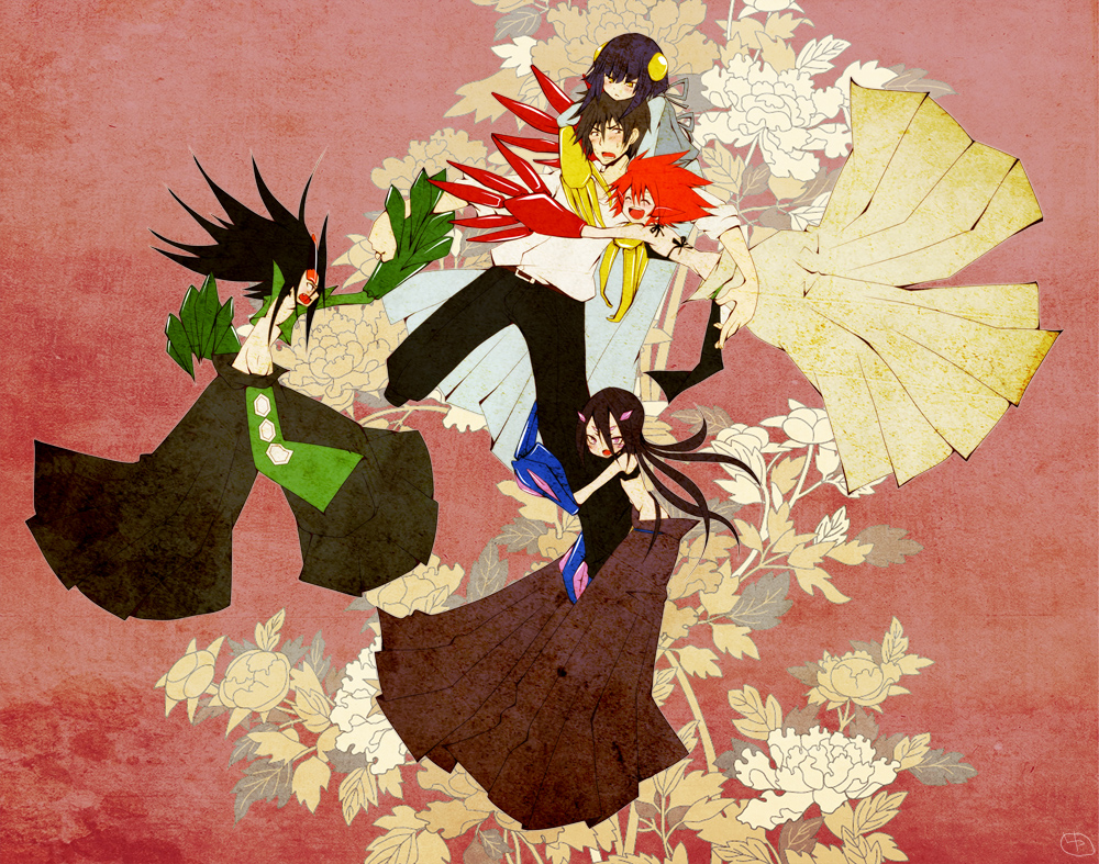 5boys, agari_yamato, black_hair, blush, child, gauntlets, hakama, hakama_skirt, hug, japanese_clothes, jealous_(ultimo), karakuridoji_ultimo, karakuridouji_ultimo, male_focus, multiple_boys, pardonner, red_hair, skirt, trap, ultimo, vice_(ultimo), visor