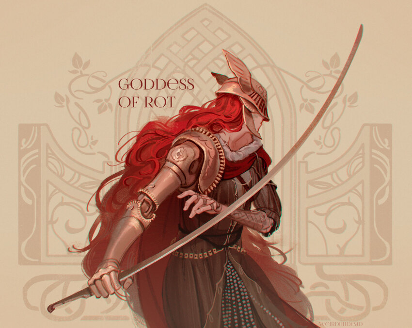 1girl, brown_background, brown_robe, cape, character_name, commentary, covered_eyes, cowboy_shot, elden_ring, english_commentary, fur-trimmed_cape, fur_trim, helmet, helmet_over_eyes, highres, holding, holding_sword, holding_weapon, long_hair, malenia_blade_of_miquella, mechanical_arms, prosthesis, prosthetic_arm, red_cape, red_hair, robe, single_mechanical_arm, solo, sword, very_long_hair, wavy_hair, weapon, weirdundead, winged_helmet