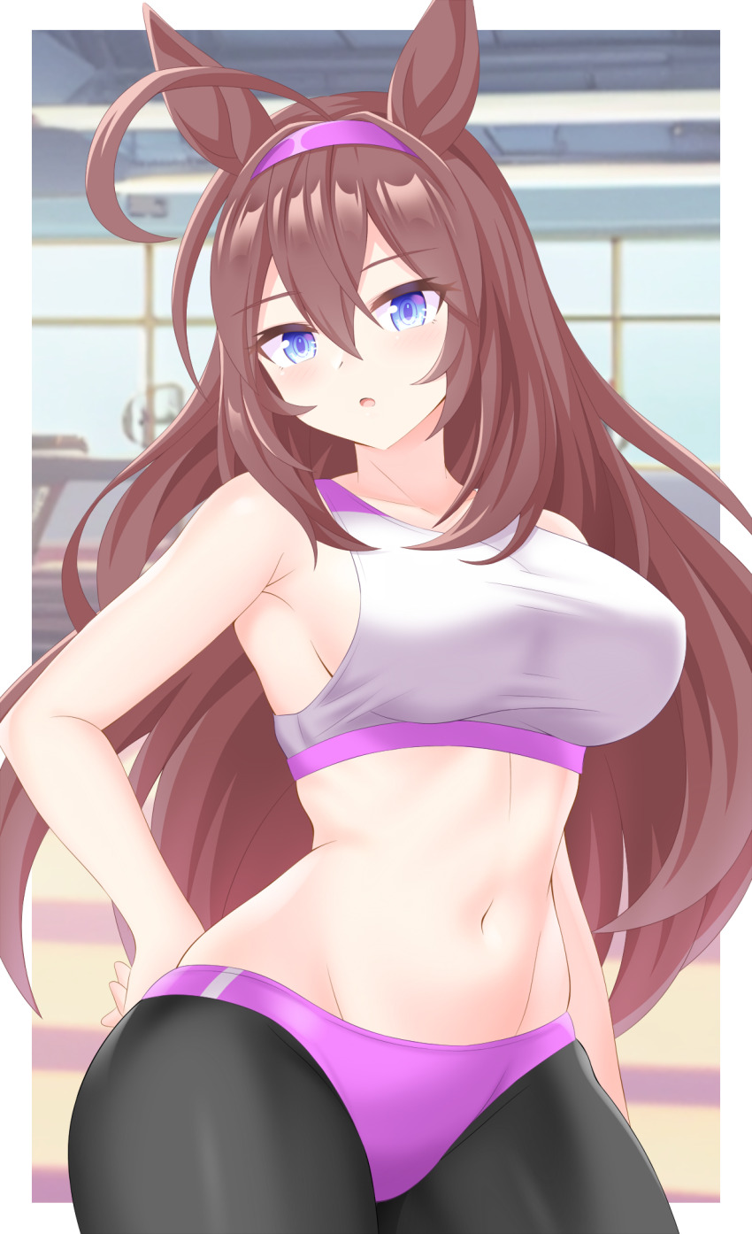 1girl, ahoge, animal_ears, armpits, bare_shoulders, blue_eyes, blush, border