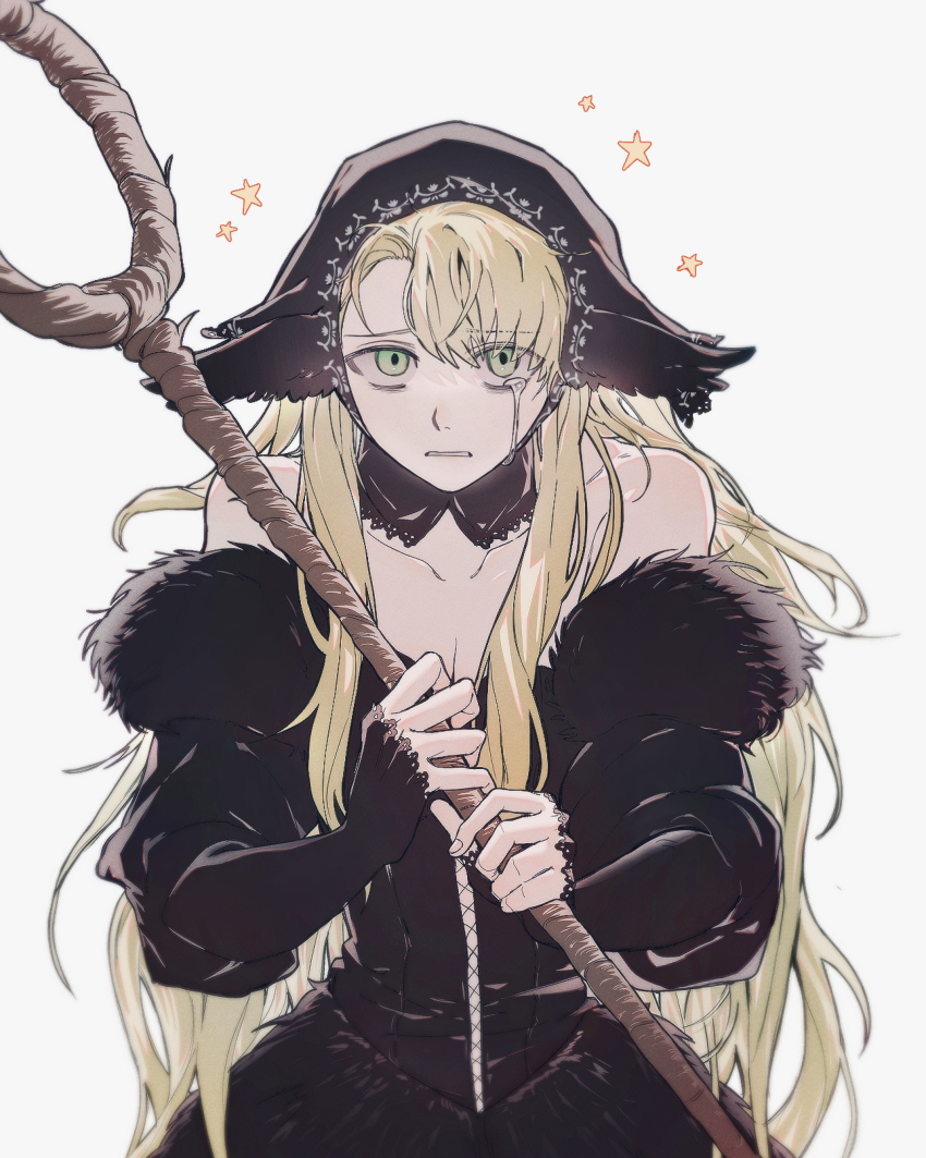 1girl, absurdres, bare_shoulders, black_dress, black_hood, blonde_hair, crying, crying_with_eyes_open, detached_hood, dress, dungeon_meshi, ear_covers, green_eyes, highres, holding, holding_staff, hood, jjim, long_hair, looking_at_viewer, marcille_donato, marcille_donato_(lord), simple_background, solo, spoilers, staff, tears, upper_body
