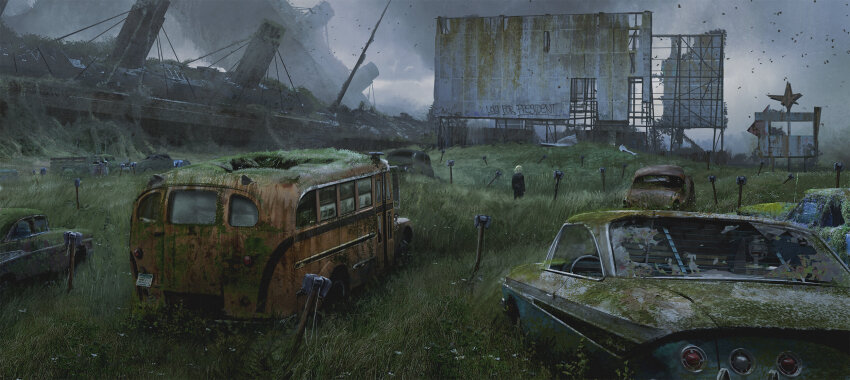 1girl, abandoned, billboard, bird, black_bodysuit, blonde_hair, bodysuit, bus, car, concept_art, english_text, facing_away, flock, flower, grass, highres, joe_studzinski, loki_(disney+), long_sleeves, microphone, motor_vehicle, official_art, outdoors, overcast, overgrown, realistic, rick_astley, school_bus, screenshot_inset, shipwreck, sky, solo, sylvie_laufeydottir, too_many, very_wide_shot, vintage_microphone, wasteland