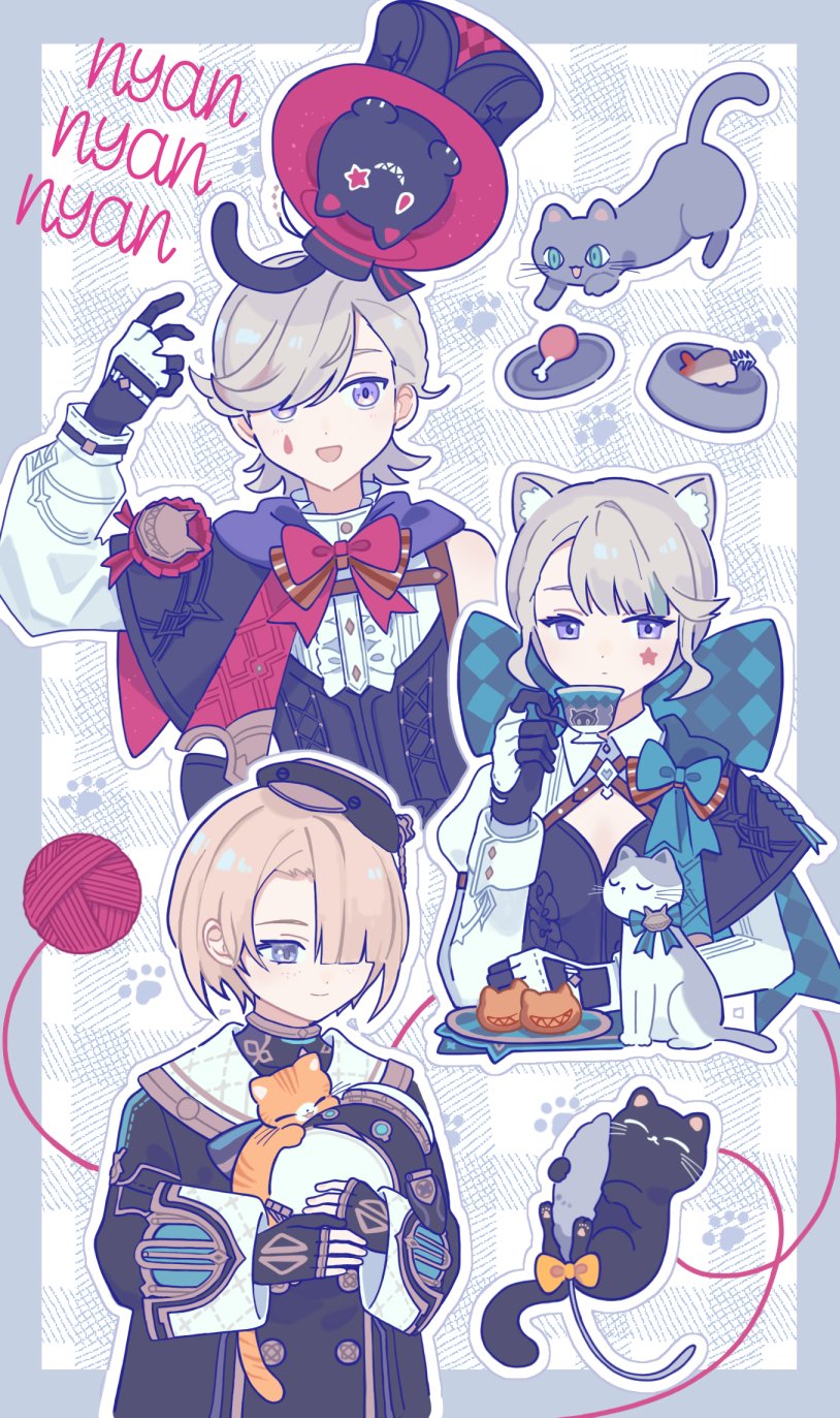 1girl, 2boys, animal, animal_ear_fluff, animal_ears, animal_hands, animal_nose, arm_up