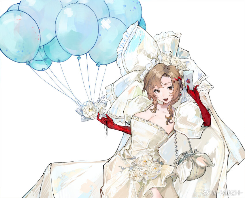 1girl, :d, bag, balloon, breasts, brown_hair, cleavage, dress