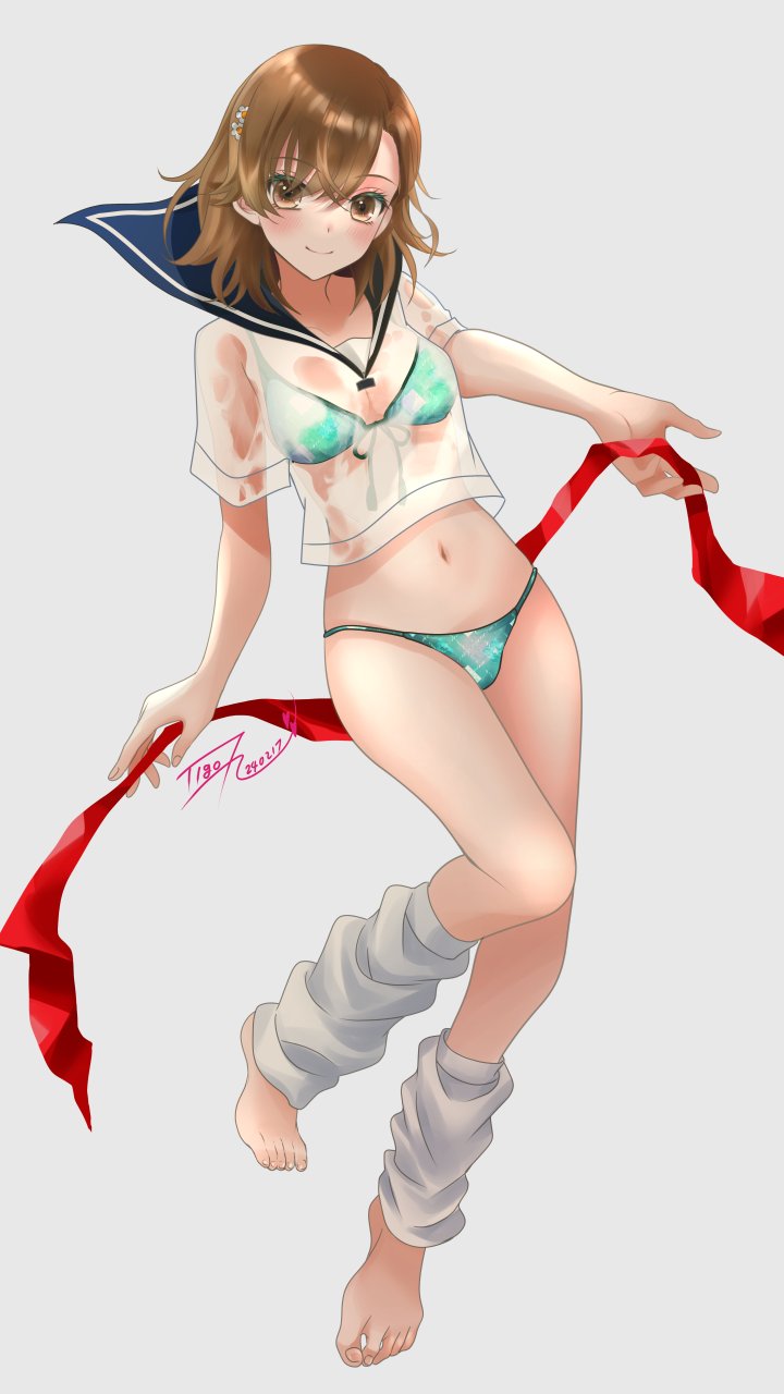 1girl, barefoot, bikini, blue_bikini, blue_sailor_collar, blush, brown_eyes, brown_hair