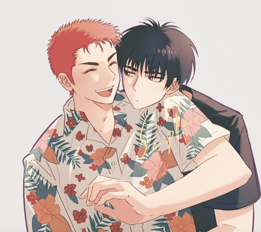 2boys, black_eyes, black_hair, blush, closed_eyes, couple, grey_background, hawaiian_shirt, head_on_another's_shoulder, heduel, highres, looking_at_another, male_focus, multiple_boys, red_hair, rukawa_kaede, sakuragi_hanamichi, shirt, short_hair, simple_background, slam_dunk_(series), smile, upper_body, yaoi