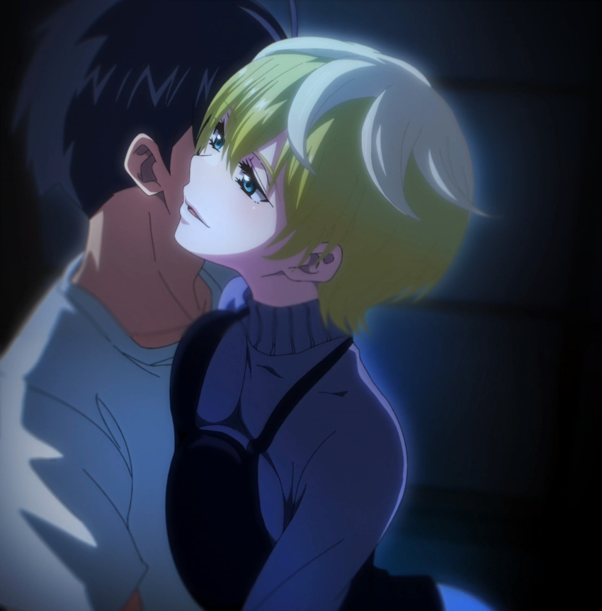 1boy, 1girl, absurdres, anime_screenshot, black_hair, black_shirt, blonde_hair, breast_press