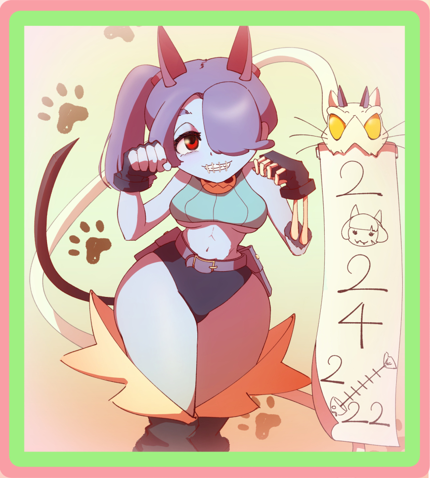 1563ichikorosan, 1girl, 2024, animal_ears, blue_hair, blue_skin, border, cat_ears, choker, colored_skin, cosplay, cowboy_shot, fingerless_gloves, gloves, green_border, highres, leaning_forward, leviathan_(skullgirls), ms._fortune_(skullgirls), ms._fortune_(skullgirls)_(cosplay), neck_bell, paw_pose, paw_print, pink_border, side_ponytail, skeletal_arm, skullgirls, smile, solo, squigly_(skullgirls), stitched_mouth, stitches, thick_thighs, thighs, wide_hips, yellow_background, zombie