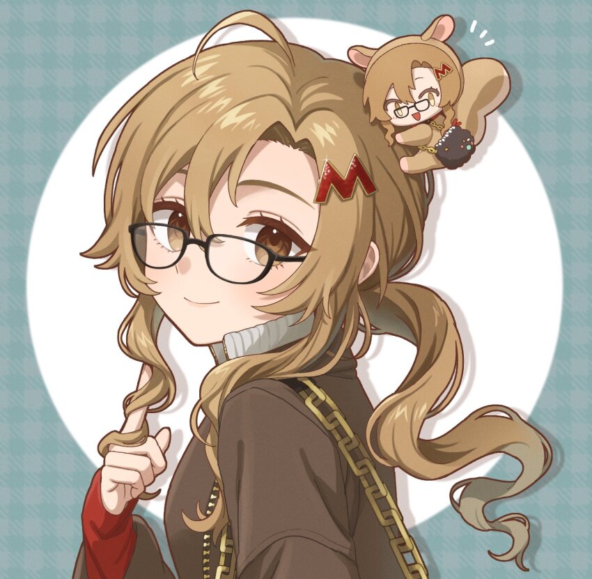 1girl, ahoge, black-framed_eyewear, blue_background, brown_eyes, brown_hair, brown_jacket, character_doll