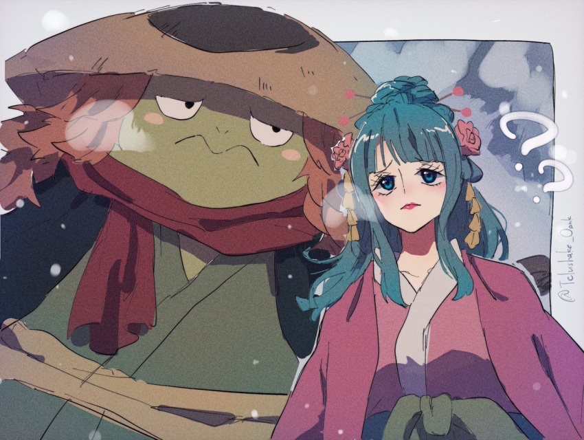 1boy, 1girl, aqua_hair, artist_name, black_eyes, blue_eyes, closed_mouth, colored_skin