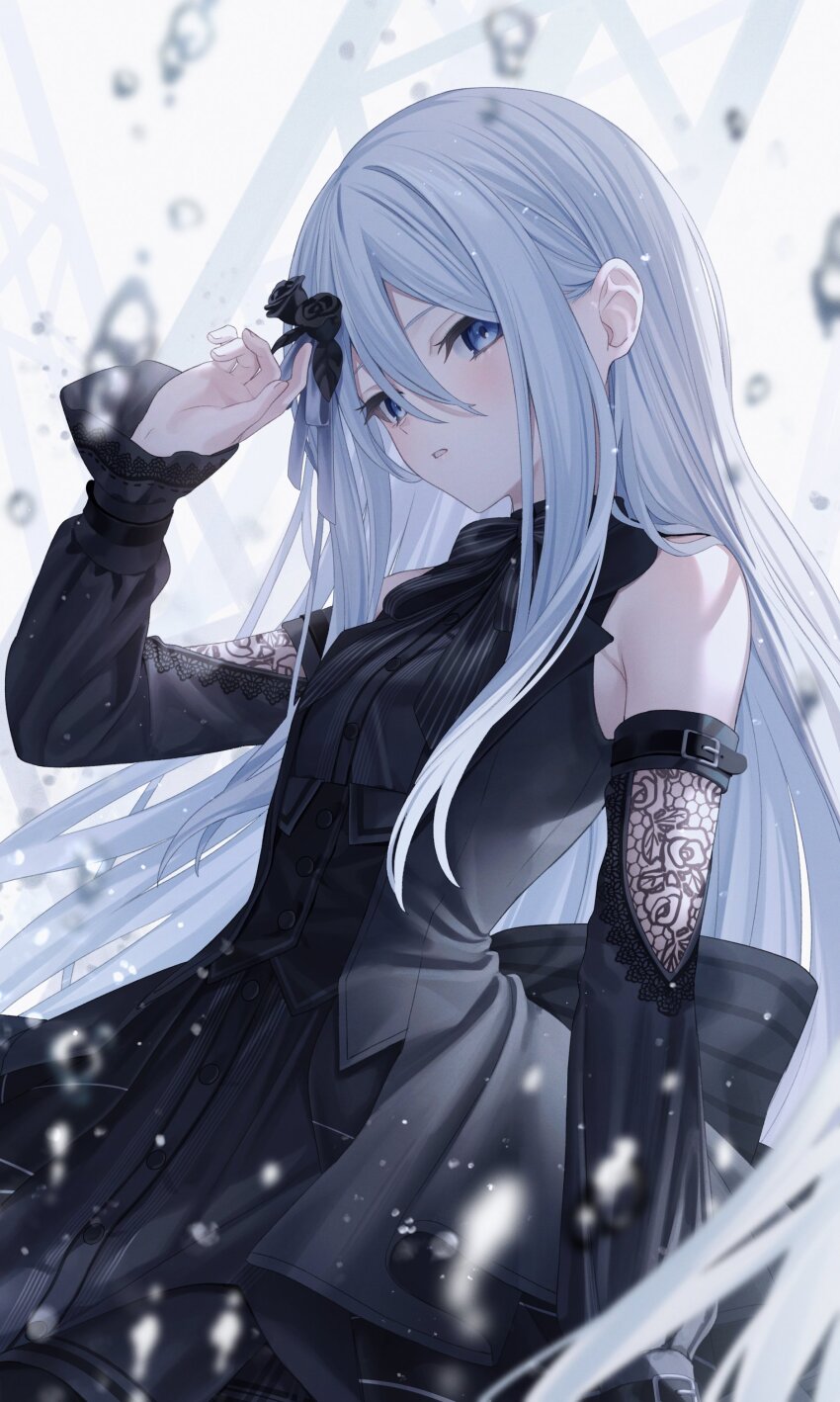 1girl, absurdres, black_bow, black_dress, black_flower, black_rose, blue_eyes, blush