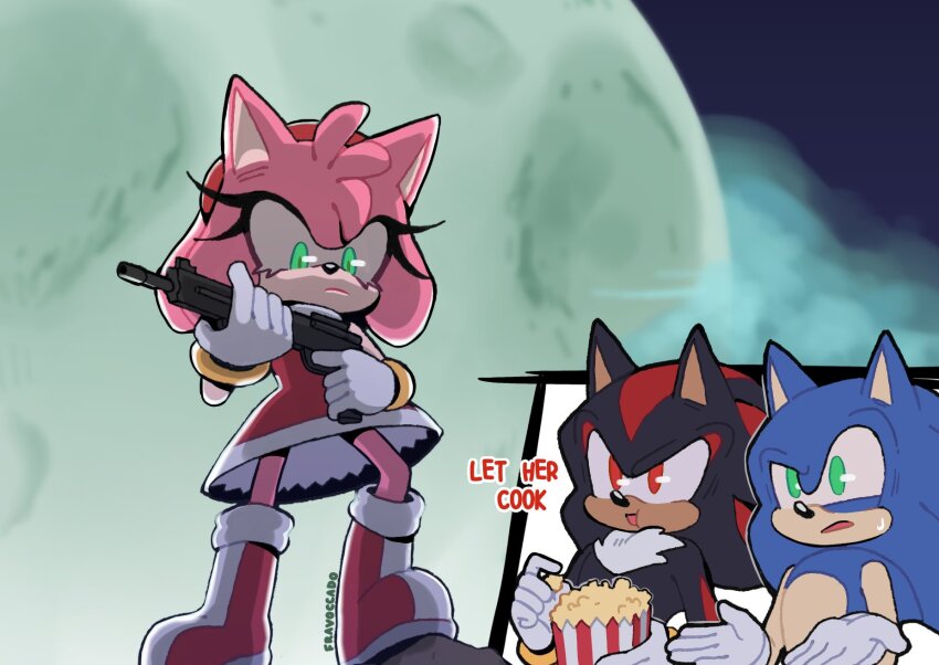 1girl, 2boys, amy_rose, animal_ears, artist_name, black_fur, blue_fur, boots