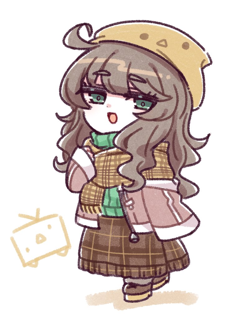 1boy, a.i._voice, ahoge, beanie, brown_hair, brown_jacket, brown_scarf, brown_skirt