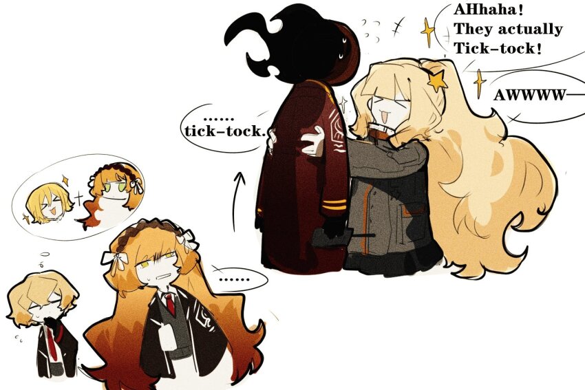 >_<, ..., 1boy, 1other, 3girls, :d, aislan, black_coat, black_gloves, black_vest, blonde_hair, bow, clock, coat, collared_shirt, dante_(limbus_company), don_quixote_(project_moon), english_text, ezra_(project_moon), fire, gloves, green_eyes, hair_bow, hair_ornament, headband, high_ponytail, ishmael_(project_moon), jacket, lifting_person, limbus_company, multiple_girls, necktie, object_head, open_clothes, open_coat, open_mouth, orange_hair, ponytail, project_moon, red_coat, red_necktie, shirt, simple_background, sinclair_(project_moon), skirt, smile, sparkle, speech_bubble, star_(symbol), star_hair_ornament, sweat, sweatdrop, the_distortion_detective, vest, walkie-talkie, white_background, white_shirt