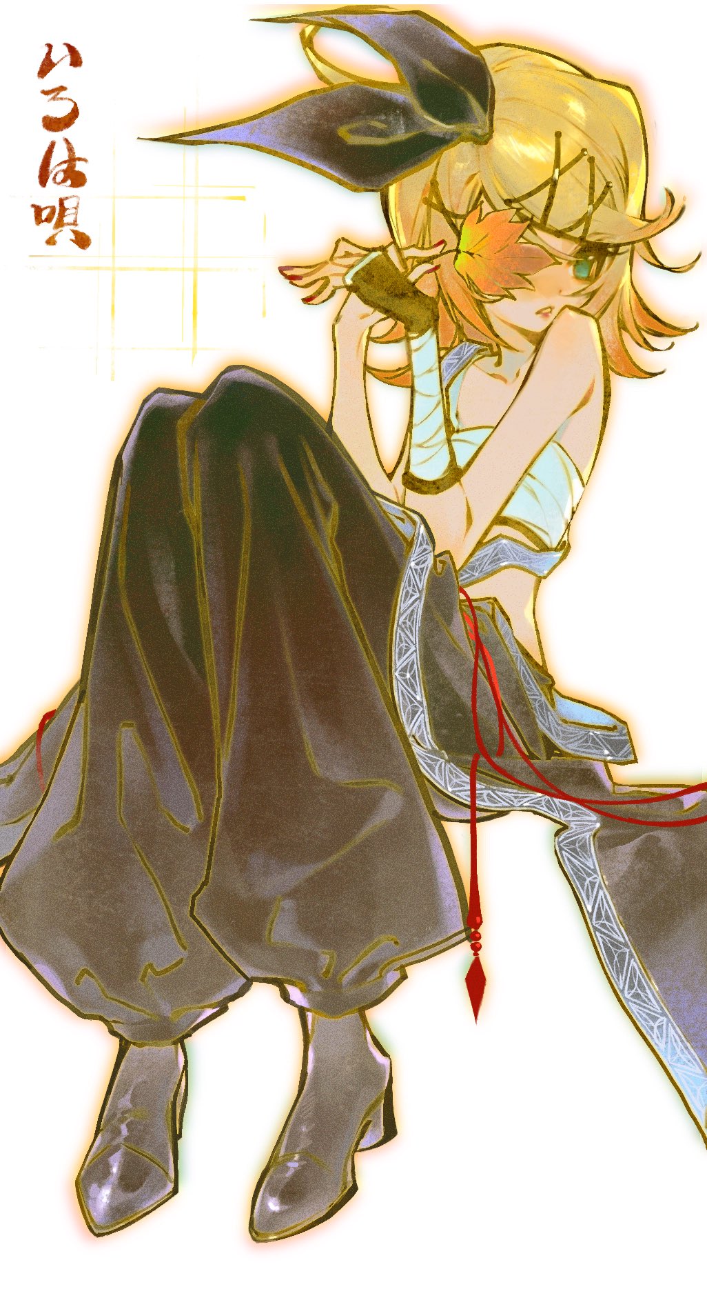 1girl, autumn_leaves, bandaged_arm, bandages, black_bow, black_pants, blonde_hair, boots