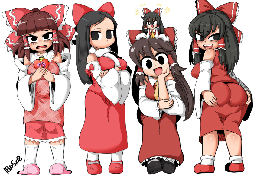 5girls, :d, apron, ascot, ass, black_eyes, black_footwear, black_hair